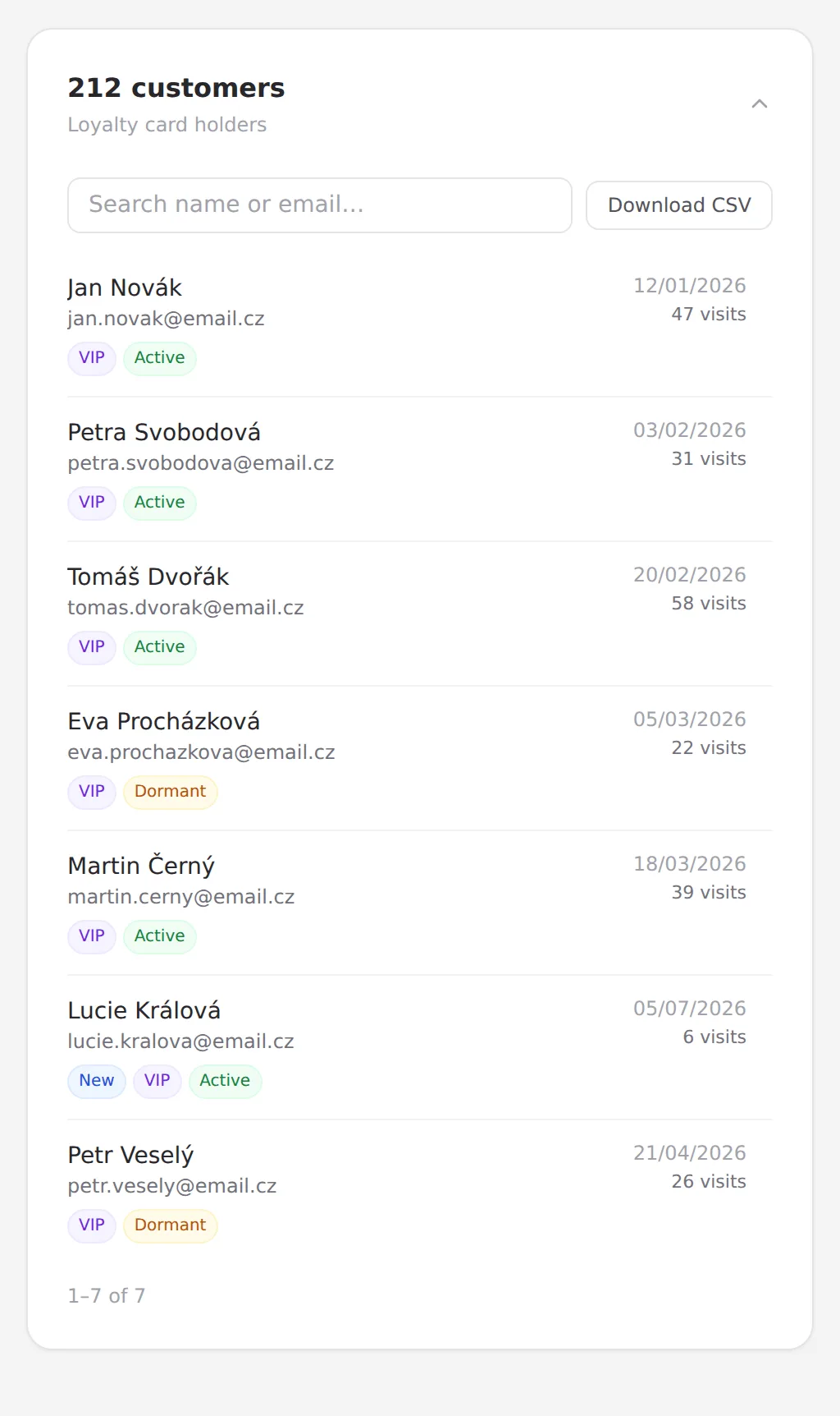 Customer list in the Walio app with tags and visit counts