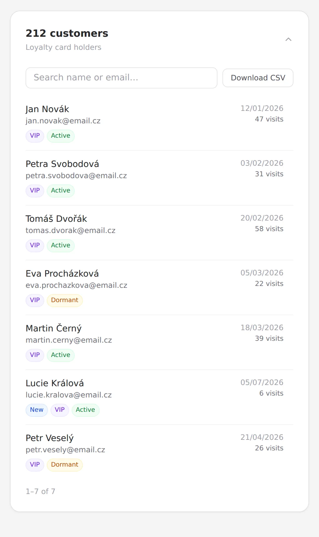 Customer list in the Walio app with tags and visit counts