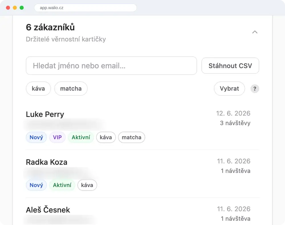 Customer database in the Walio portal: a list of loyalty card holders with labels and visit counts