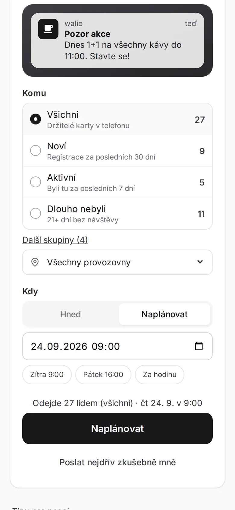 Výběr skupiny zákazníků pro kampaň v portálu Walio