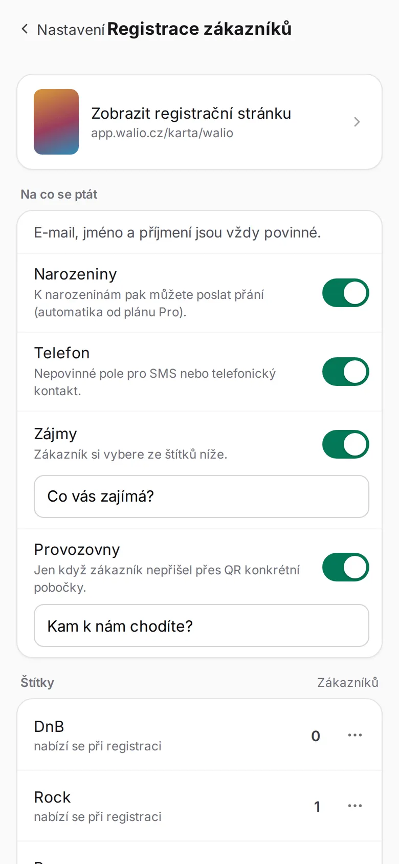 Nastavení registrace zákazníků v portálu Walio