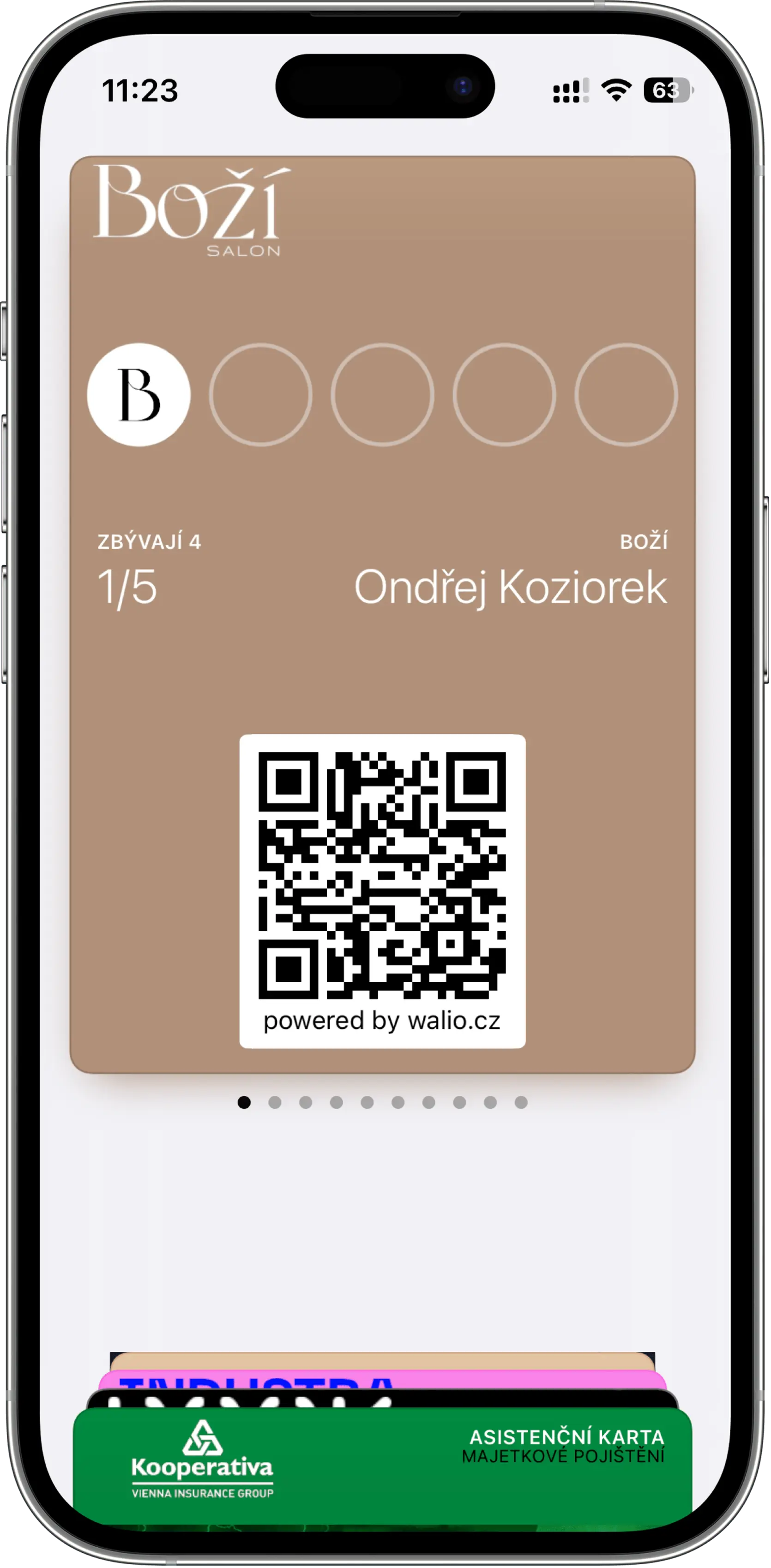 A Walio loyalty card with stamps in Apple Wallet on an iPhone